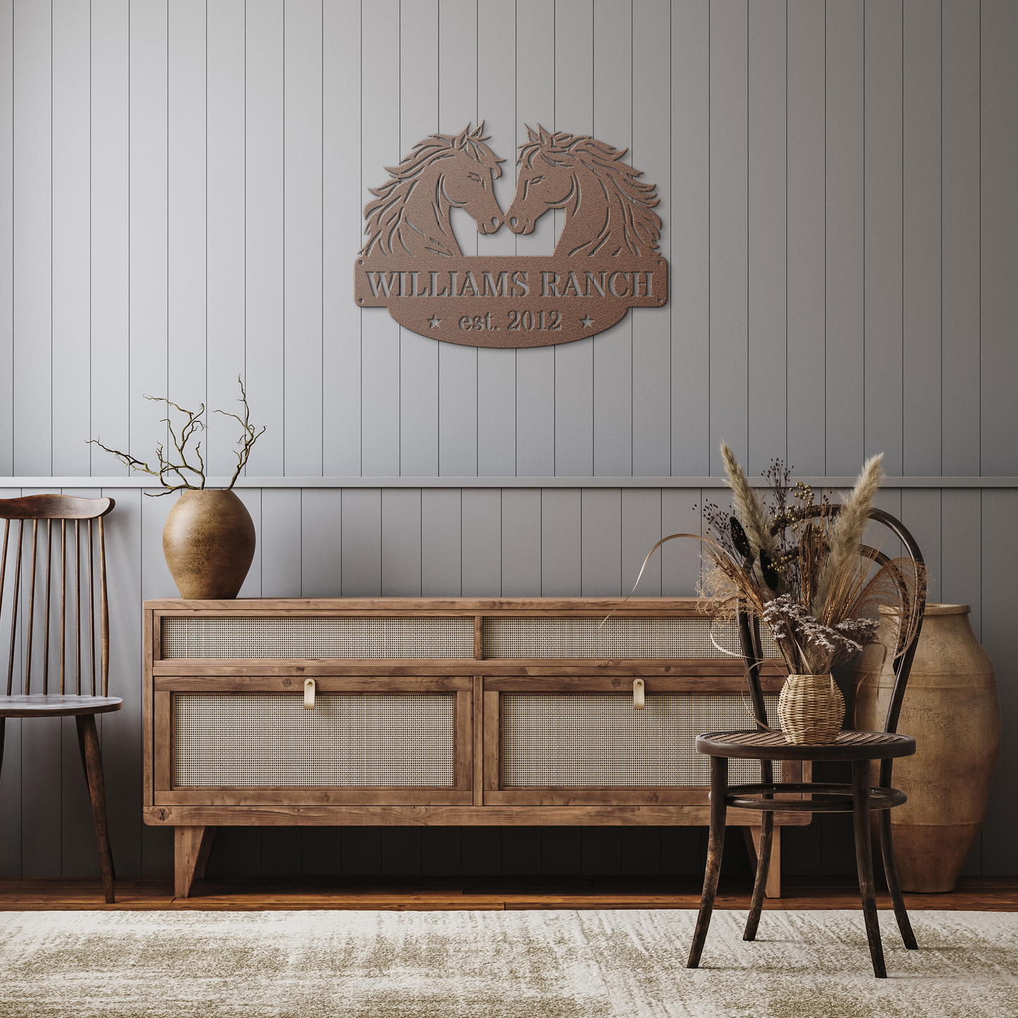 Two_Horses_Family_Sign_Copper_Rustic_Hallway_Mockup.png