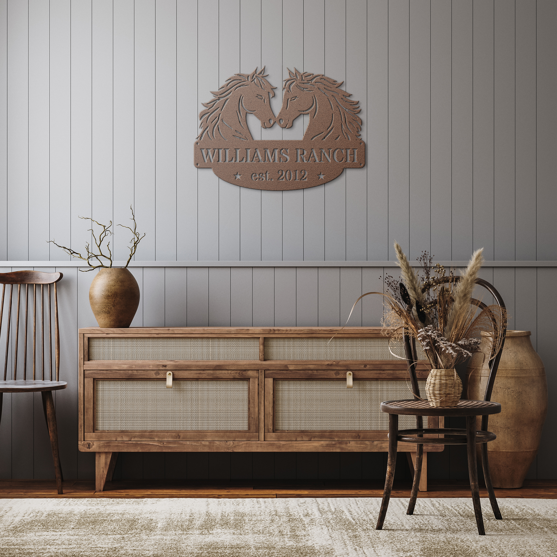 Two_Horses_Family_Sign_Copper_Rustic_Hallway_Mockup.png